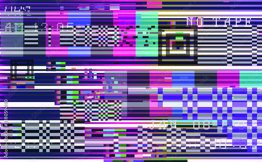 Poster glitch camera effect. retro vhs background like in old video tape rewind or no signal tv screen. vap