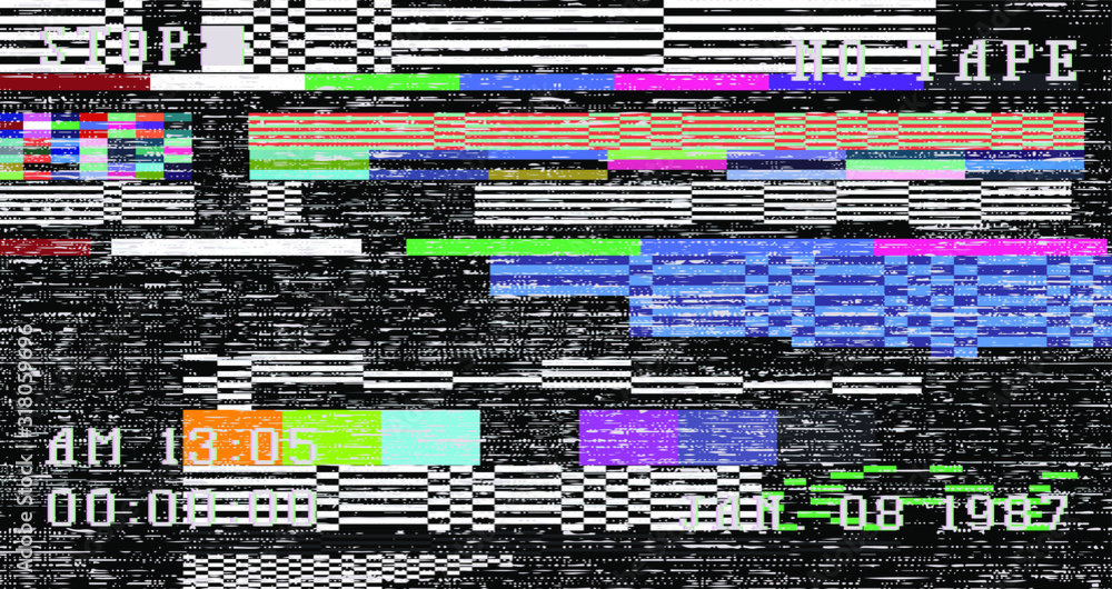 Poster glitch camera effect. retro vhs background like in old video tape rewind or no signal tv screen. vap