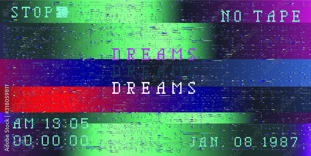 Poster glitch camera effect. retro vhs background like in old video tape rewind or no signal tv screen. vap