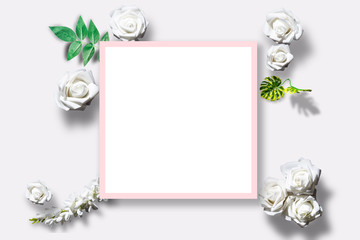 Fototapeta na wymiar Festive flower English rose composition on the white background. Overhead top view, flat lay. Copy space. Birthday, Mother's, Valentines, Women's, Wedding Day concept.