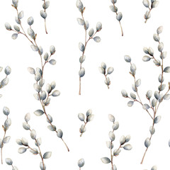 Watercolor seamless pattern with willow branches. Hand painted willow wood isolated on white background. Spring illustration for design, print, fabric or background. Template for holiday. - obrazy, fototapety, plakaty