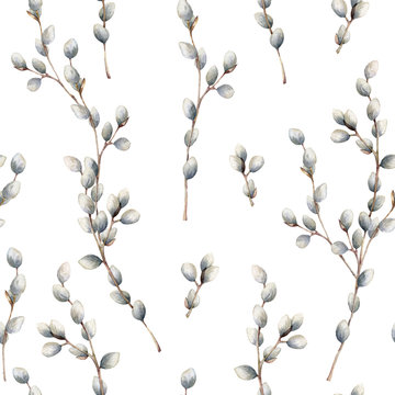 Watercolor seamless pattern with willow branches. Hand painted willow wood isolated on white background. Spring illustration for design, print, fabric or background. Template for holiday.