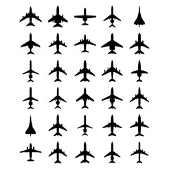 Passenger airplanes silhouette set. Isolated on white background. Vector EPS10. 