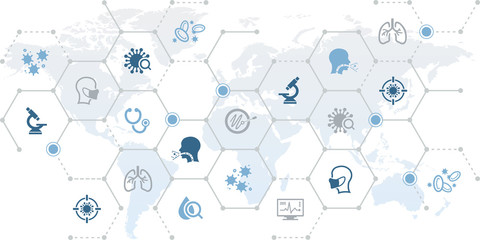 corona virus vector illustration. Abstract concept on a world map with icons related to the 2019-nCoV infection in china.