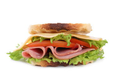 Tasty sandwich with ham isolated on white