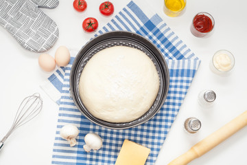 The dough is seen close-up from above, sprinkled with flour, on a table next to a rolling pin and eggs, appliances and ingredients for making pizza or pie. The concept of home cooking, baking.