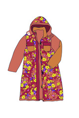 coat, jacket long with a hood with a floral pattern of flowers of apple trees. on a white background isolate. eps10 vector stock illustration