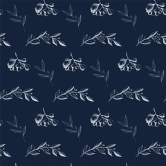 Seamless pattern monochrome floral elements, branches and leaves 