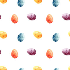 Seamless easter pattern consisting of colorful eggs. Watercolor easter eggs on white background. Wrapping, scrapbooking