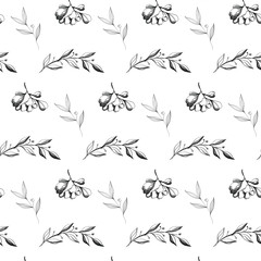 Seamless pattern monochrome floral elements, branches and leaves on white background.