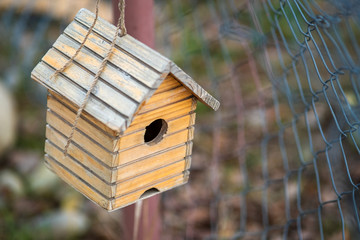 Small wooden bird house hanging on a tree branch outdoors.