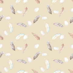 Watercolor seamless pattern with quail eggs and beautiful bird feathers. Illustration fabric texture. Design concept on a beige  background.