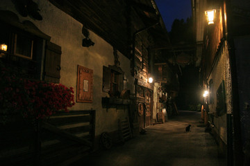 Alpen village, street at night, Tauern Mountains, Austria