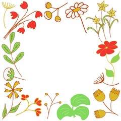 Frame of spring and summer flowers and twigs on a white background. Tulip, Daisy, Dandelion, Cotton, Rose, daffodil, lily of the valley, knapweed, burdock. Colorful illustration