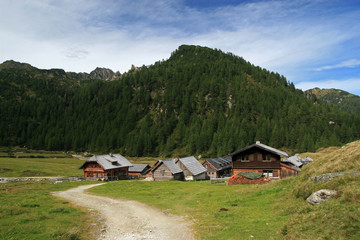 Fototapeta na wymiar Ursprungalm village is at an altitude of 1,610m, in Steirische Kalkspitze in the Schladminger Tauern, Austria