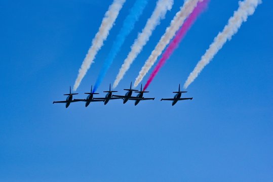 Low angle shot of Patriots Jet Team during Fleet Week