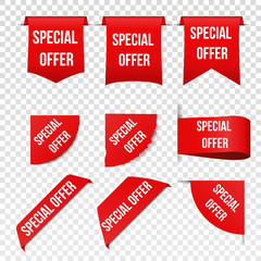 Set of Red Ribbons and sale tags,special offer, Red Scroll Ribbons.