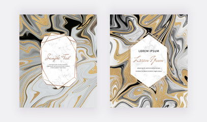 Black and golden glitter ink liquid design with marble frame. Trendy templates for banner, flyer, poster, card, invitations. Modern art.
