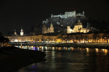Fototapeta na wymiar Hohensalzburg Fortress - Salzburg Castle and Old Town by night, Austria