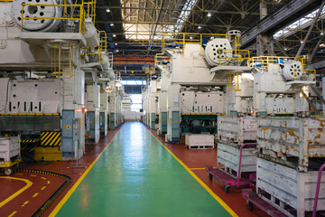 Workshop cold stamping at an automobile plant. Production of car bodies