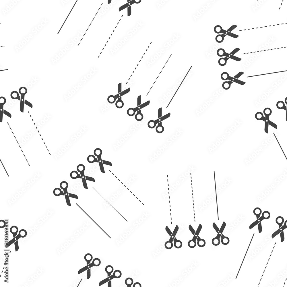 Poster vector cut line icon with scissors seamless pattern on a white background.