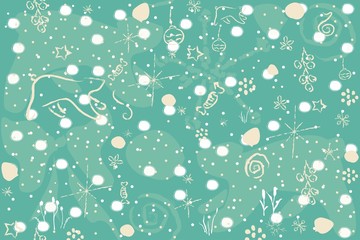 Cute Winter Background with hand drawn snowflakes, polar bear, ornaments, stars and other winter doodles