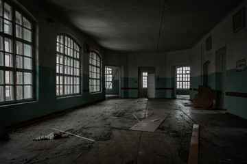 Inside old Orlovka Asylum for the insane in Voronezh Region. Dark creepy abandoned mental hospital - obrazy, fototapety, plakaty
