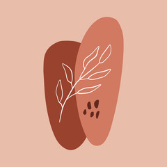 Minimalist abstraction with leaf and geometric shapes. Contemporary scandinavian style. Flat design collage terracotta color composition. Good for posters, postcards, social media banners and post tem