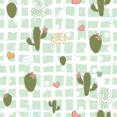 Cute seamless pattern with green cacti