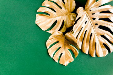 Gold tropical palm leaves Monstera on green background. Flat lay, top view minimal concept.