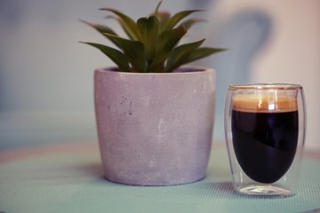 Coffee time in office. Capsule espresso in double glass cup - 100% arabica