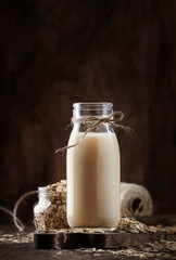 Vegan oat flakes milk, non dairy alternative milk in glass, wooden rustic table, copy space