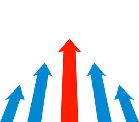 Red and blue arrows rise up. Rating raising business promoting, symbol of leadership, development and moving forward, sign among competitors. Vector illustration in flat simple style.