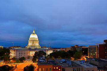 Bird's eye view of the Wisconsin state capital after sunset.  The building houses both chambers of the Wisconsin legislature and Wisconsin Supreme Court .