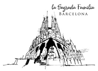 Drawing sketch illustration of the Sagrada Familia, Spain