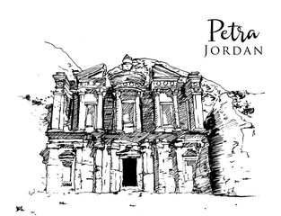 Drawing sketch illustration of Petra, Jordan