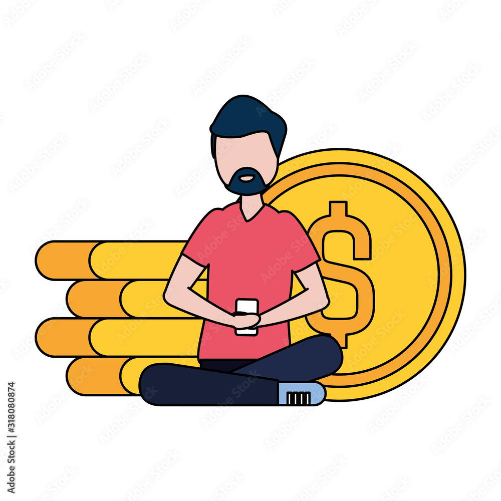 Poster man with smartphone and coins avatar character