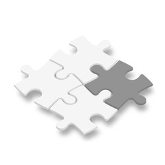 3D jigsaw puzzle pieces. White pieces with one dark grey highlighted. Team cooperation, teamwork or solution business theme. Vector illustration with dropped shadow