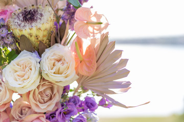 Close-up decoration with fresh flowers of venues.
