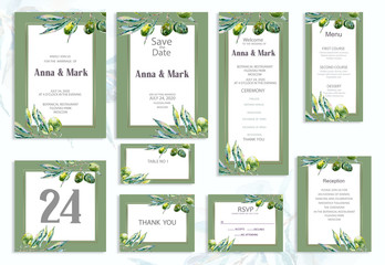 Botanical wedding invitation card template design, olives on white background, vintage style. Wedding invitation templates. Banners decoration, romantic watercolor objects