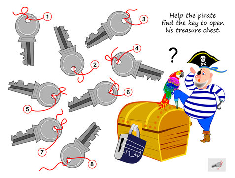 Logic puzzle game for children and adults. Help the pirate find the key to open his treasure chest. Printable page for kids brain teaser book. Developing spatial thinking. Vector cartoon image.
