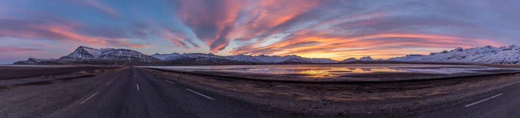 Fototapeta na wymiar Panoramic view of Sunset on Ring Road, Iceland, Europe,