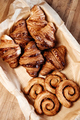 Croissant in basket, baking for cafe, menu, recipe.