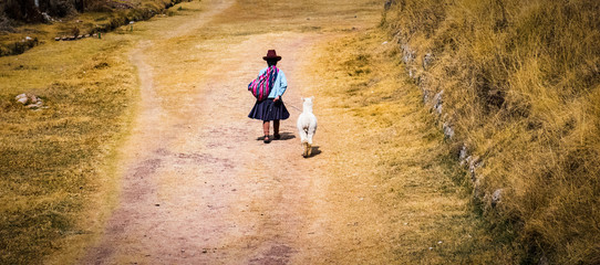 woman walking llama in peru