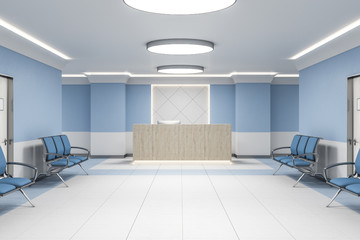 Modern waiting room in blue hospital interior