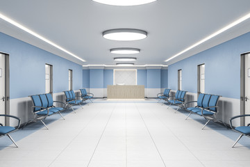 Waiting room in hospital interior with reception.