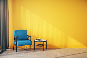 Contemporary yellow room interior with chair, - obrazy, fototapety, plakaty