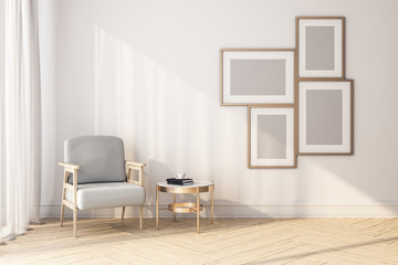 Sunny room interior with chair and blank banners on wall