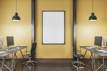 Modern office interior with blank banner on wall.
