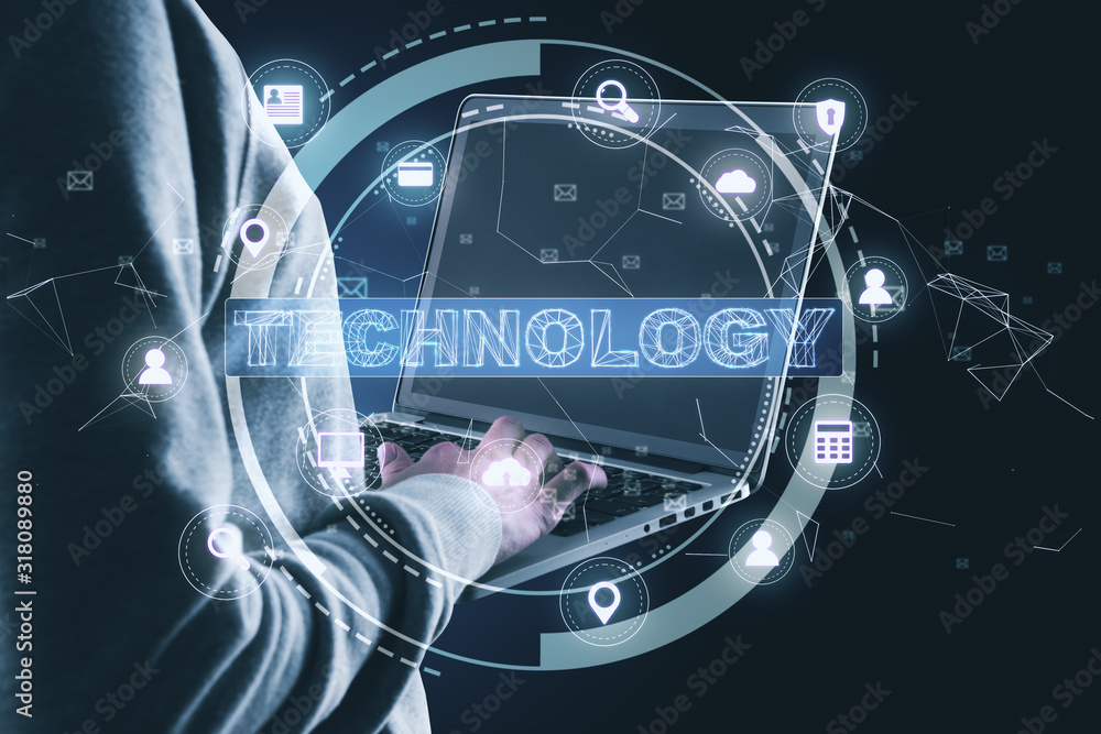 Aufkleber Hacker using laptop and glowing technology interface.